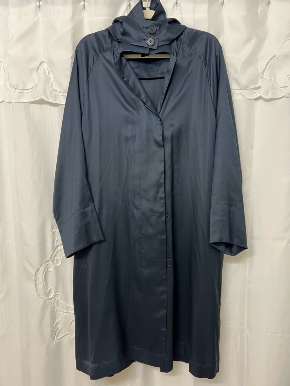 Akris 100% Silk Hooded Trench Coat Navy Slate Blue Minimalist Luxury US 10 Rare